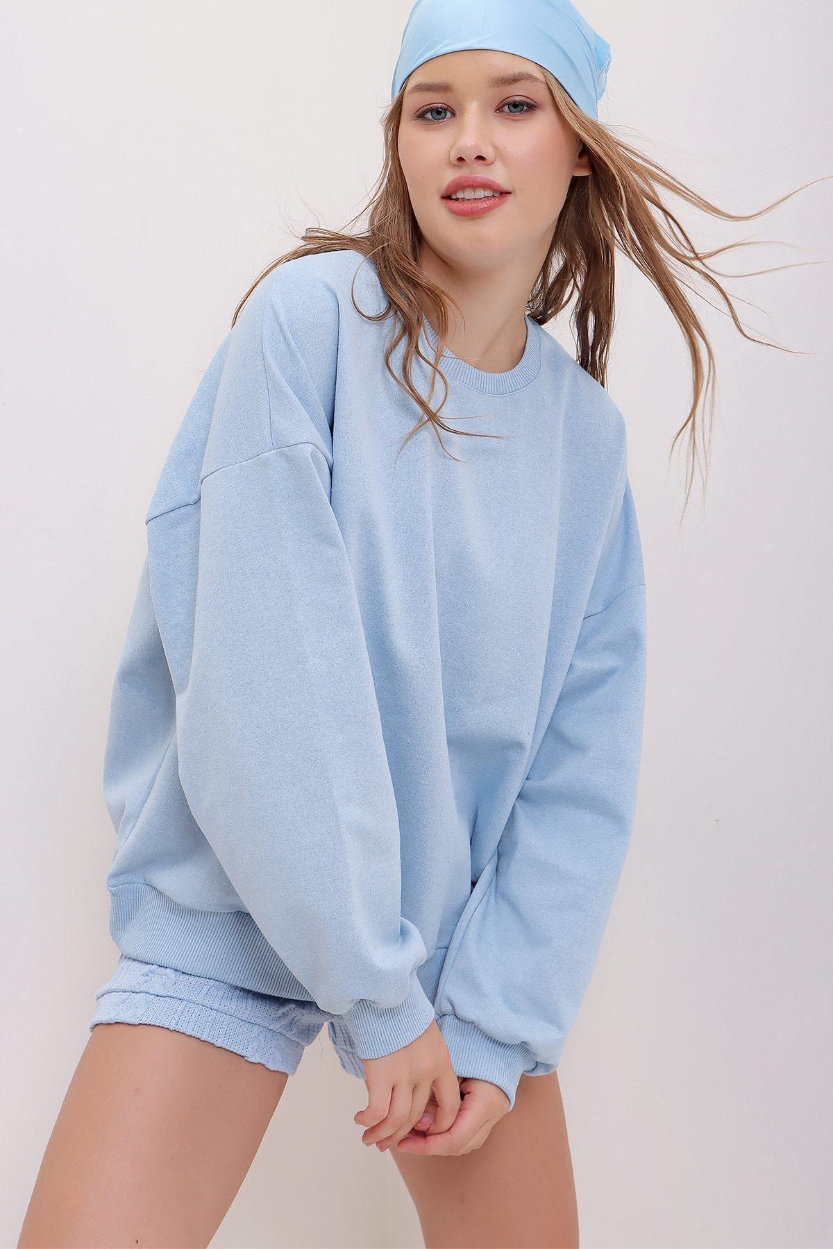 Blue Crew Neck Oversize Sweatshirt, , large image number 0