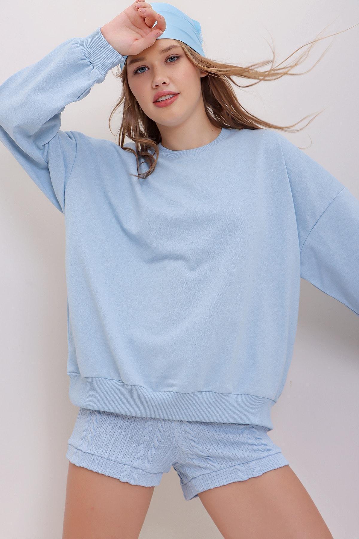 Blue Crew Neck Oversize Sweatshirt, , large image number 2