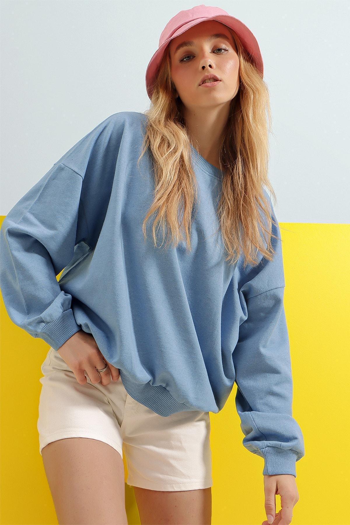 Blue Crew Neck Oversize Sweatshirt, , large image number 3