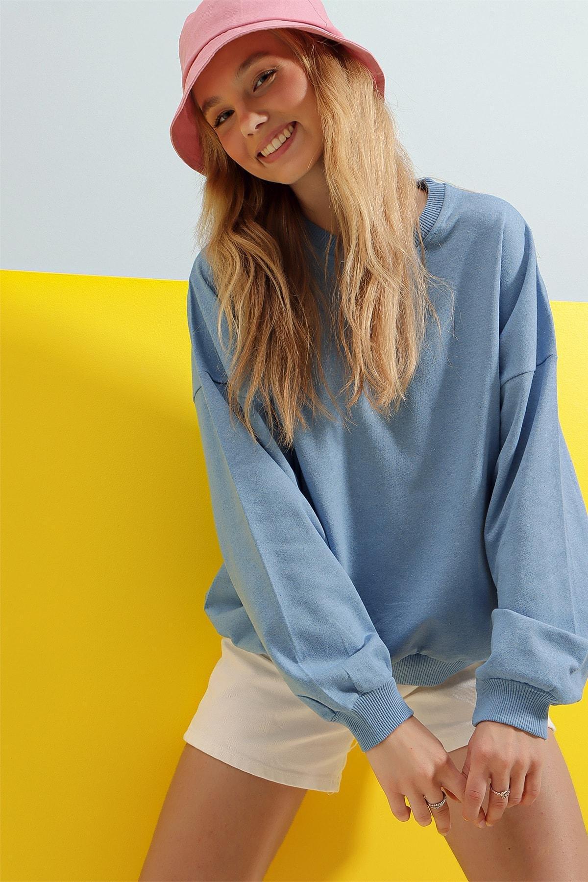 Blue Crew Neck Oversize Sweatshirt, , large image number 5
