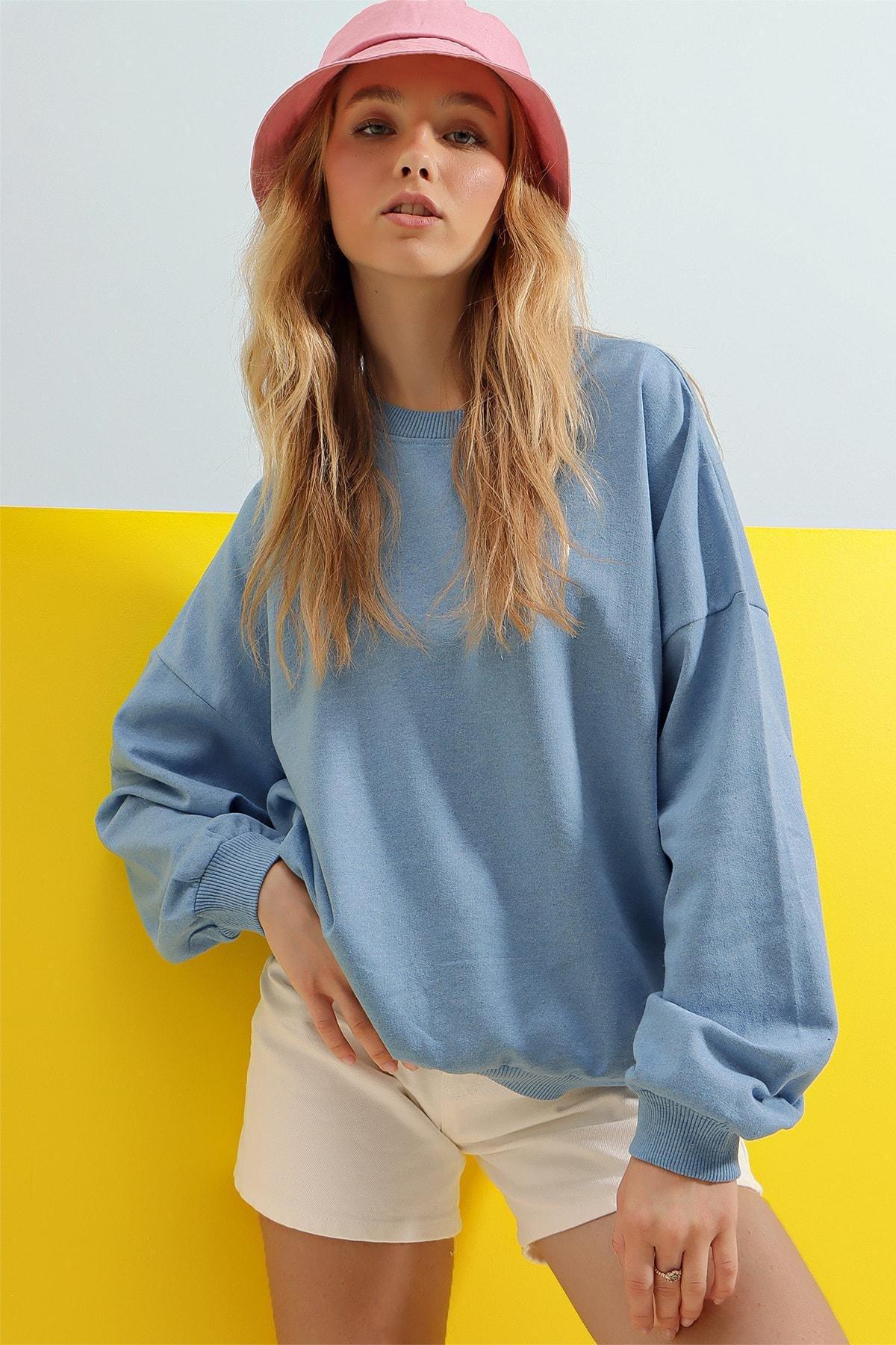 Blue Crew Neck Oversize Sweatshirt, , large image number 7