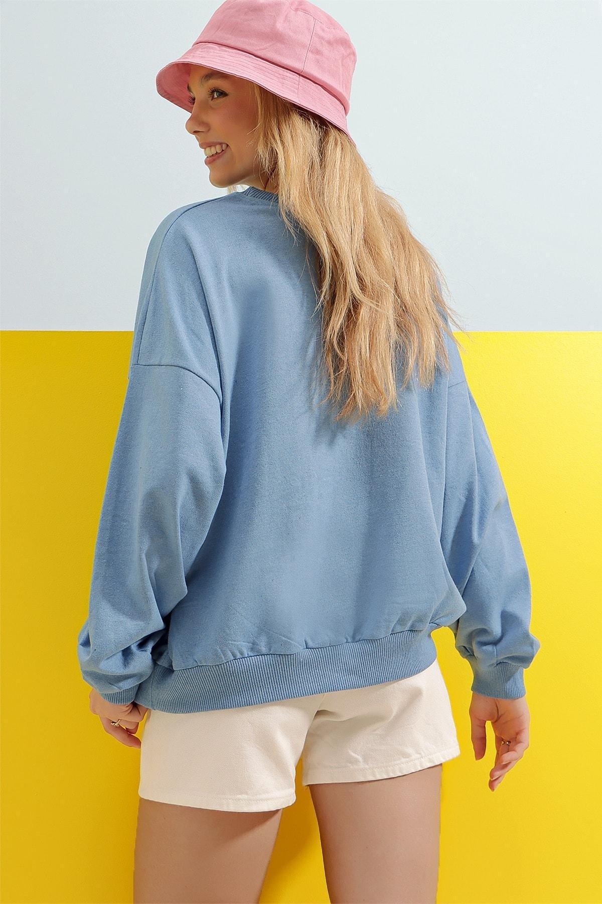 Blue Crew Neck Oversize Sweatshirt, , large image number 9