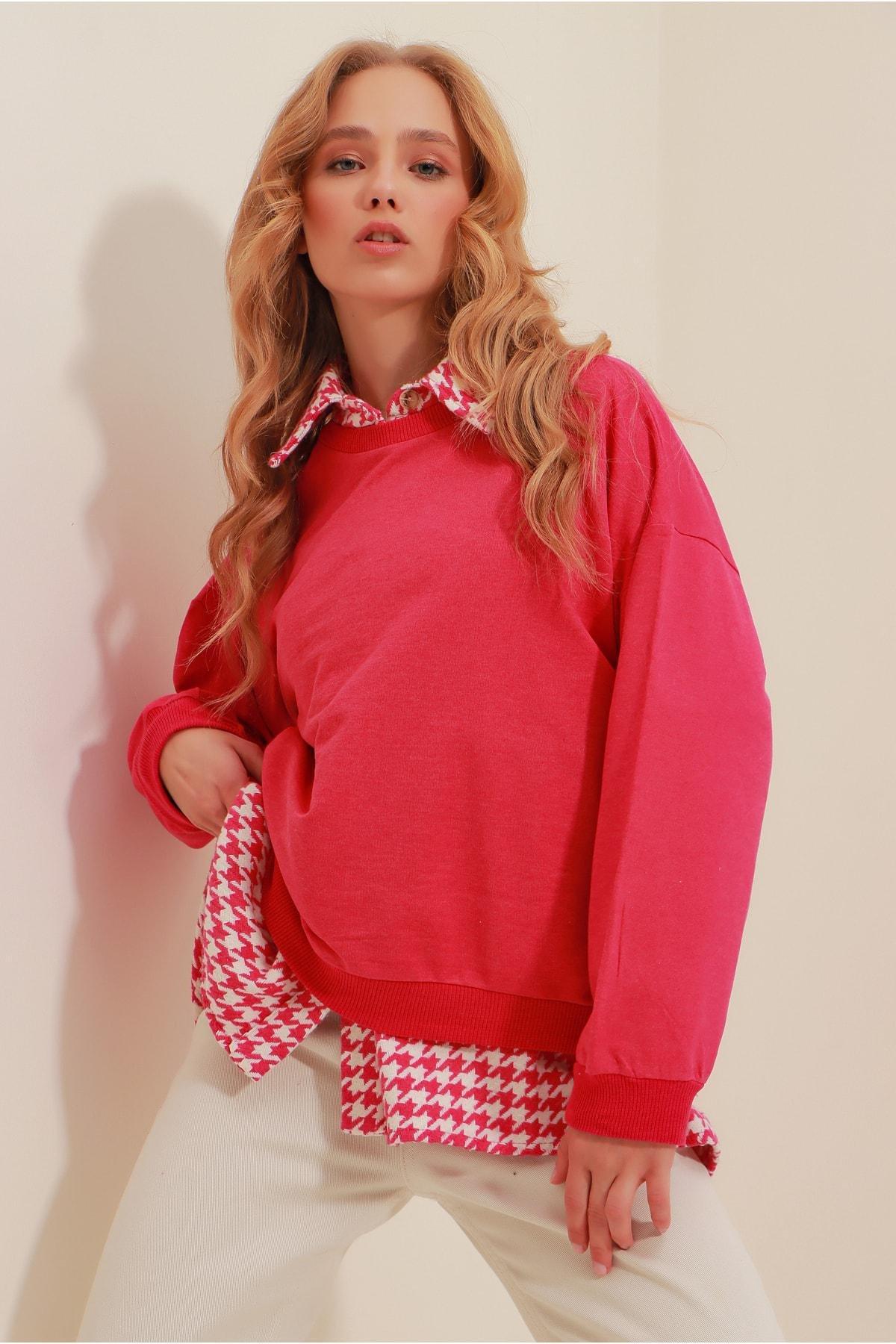 Pink Crew Neck Oversize Sweatshirt, , large image number 1