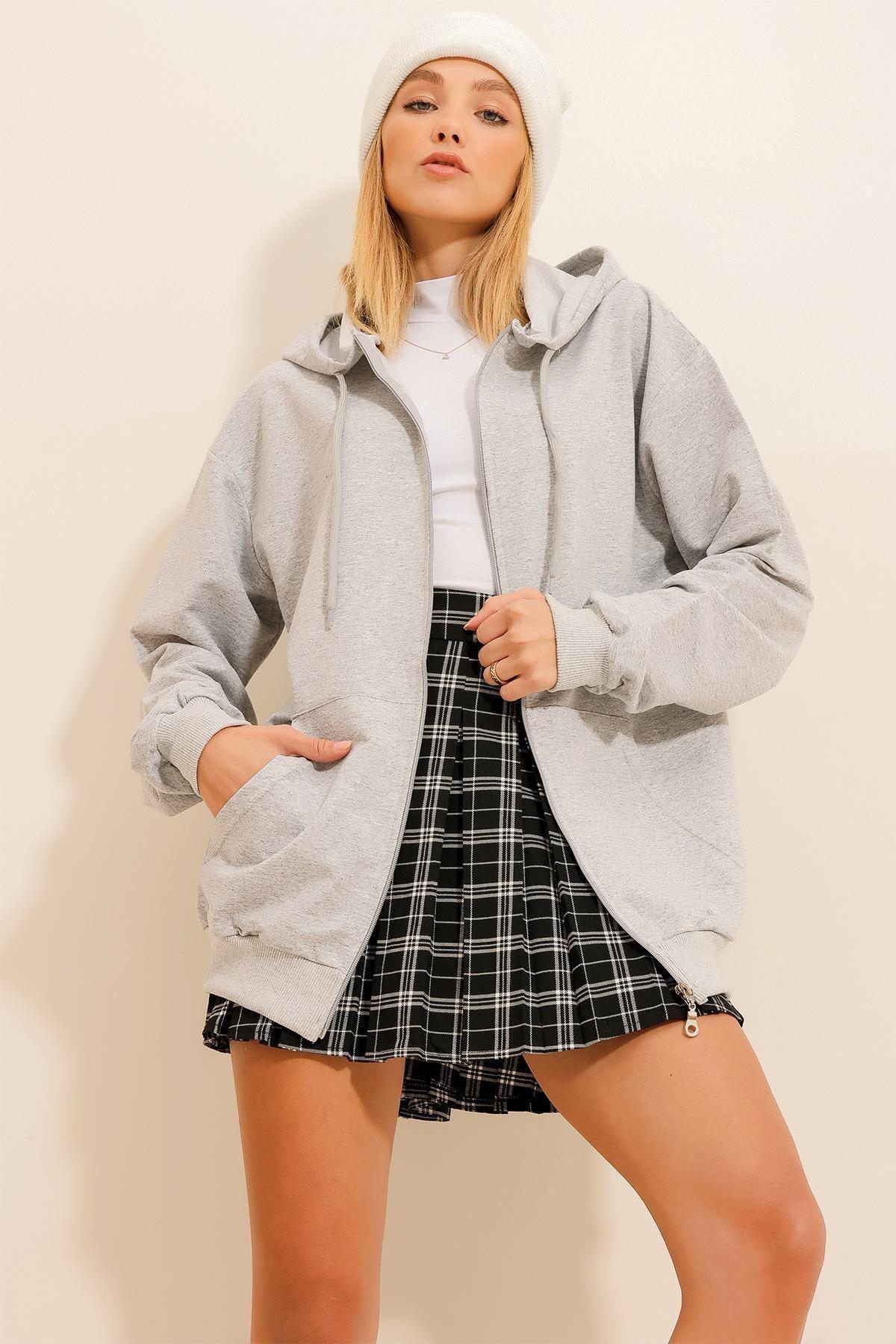 Alacati - Grey Hooded Off-Shoulder Jacket