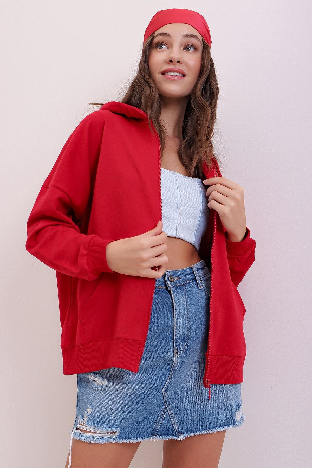 Red Hooded Off-Shoulder Jacket, Red, large image number 0