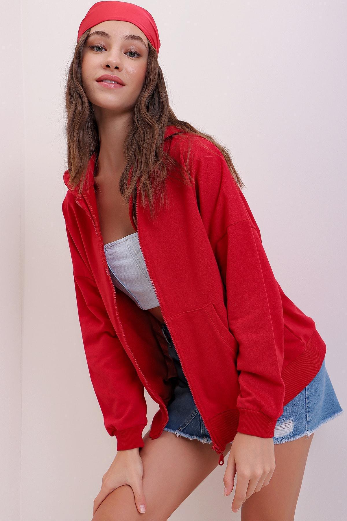 Red Hooded Off-Shoulder Jacket, Red, large image number 1