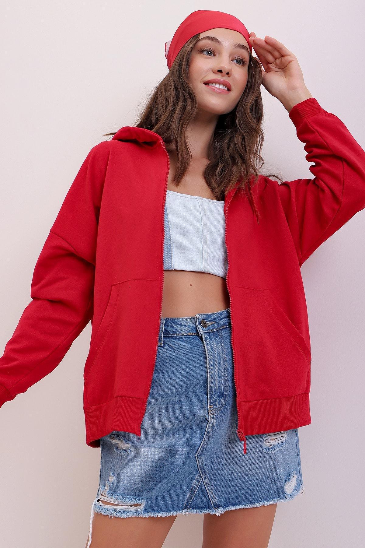 Red Hooded Off-Shoulder Jacket, Red, large image number 2