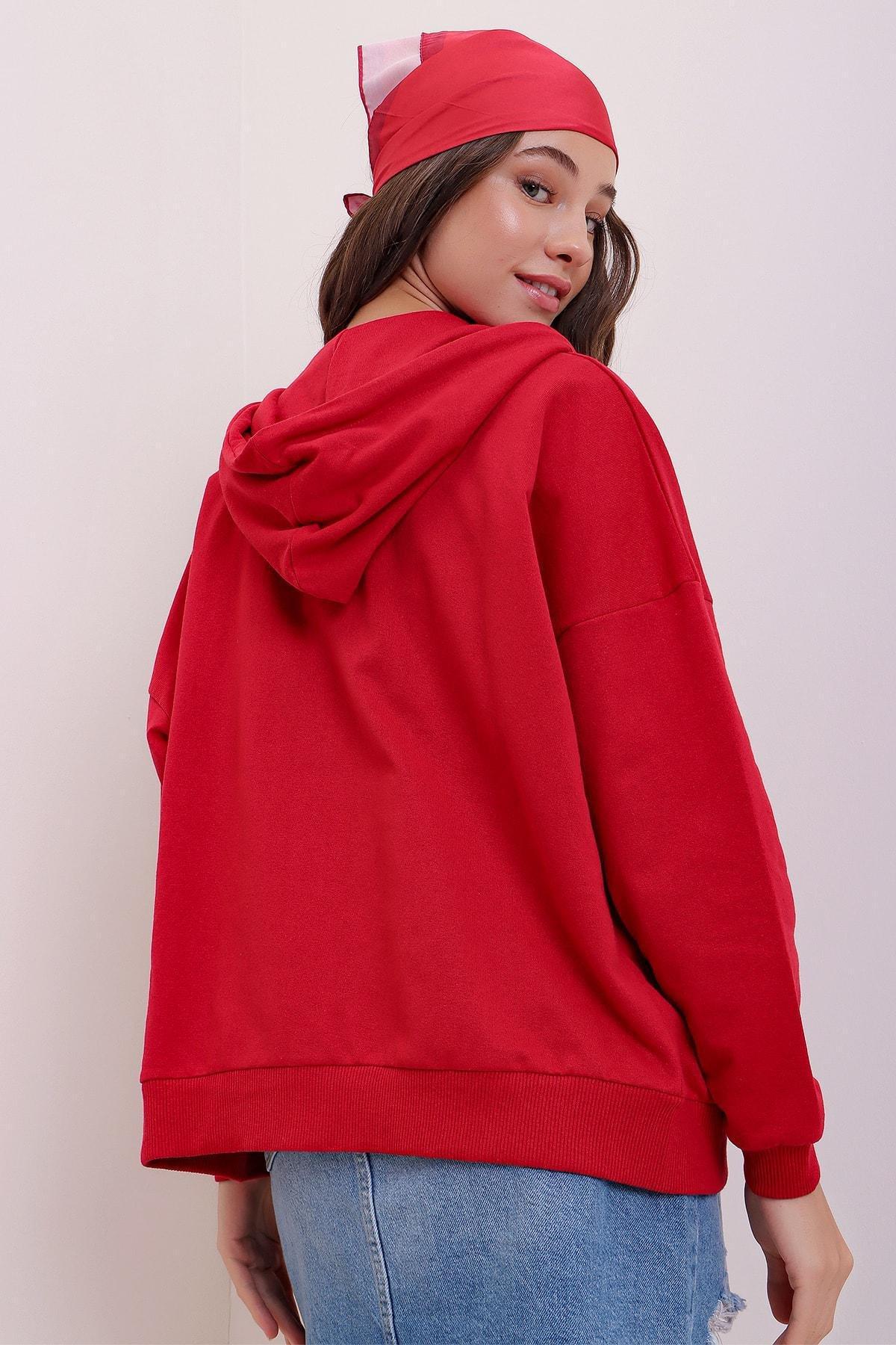 Red Hooded Off-Shoulder Jacket, Red, large image number 3