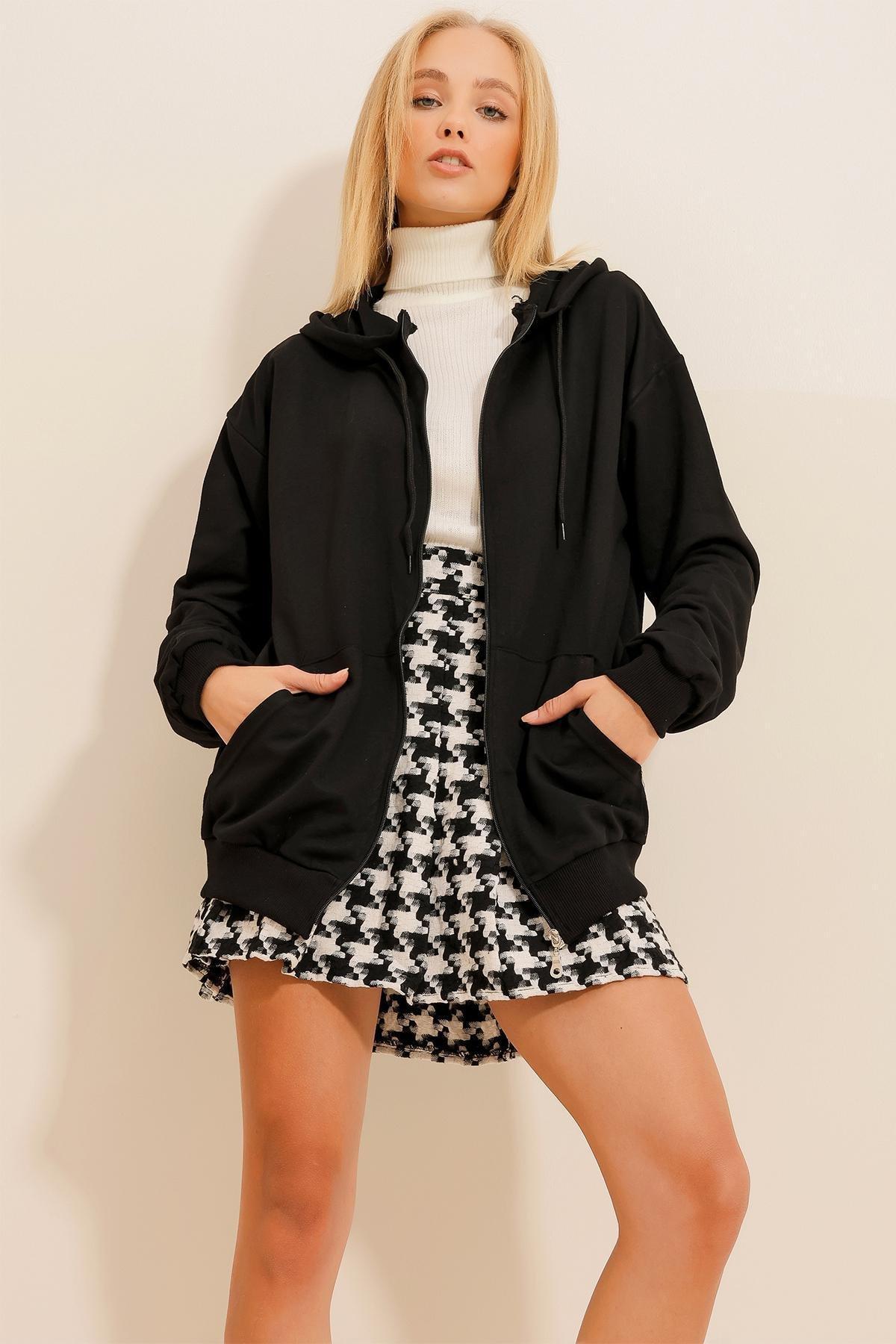 Black Hooded Off-Shoulder Jacket, Black, large image number 1