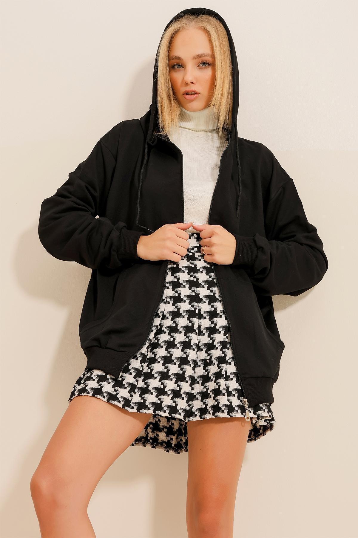 Black Hooded Off-Shoulder Jacket, Black, large image number 2