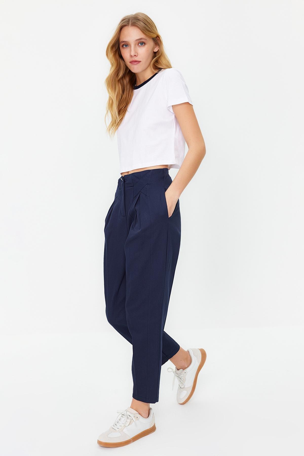 Navy Carrot Woven Trousers, Navy blue, large image number 0