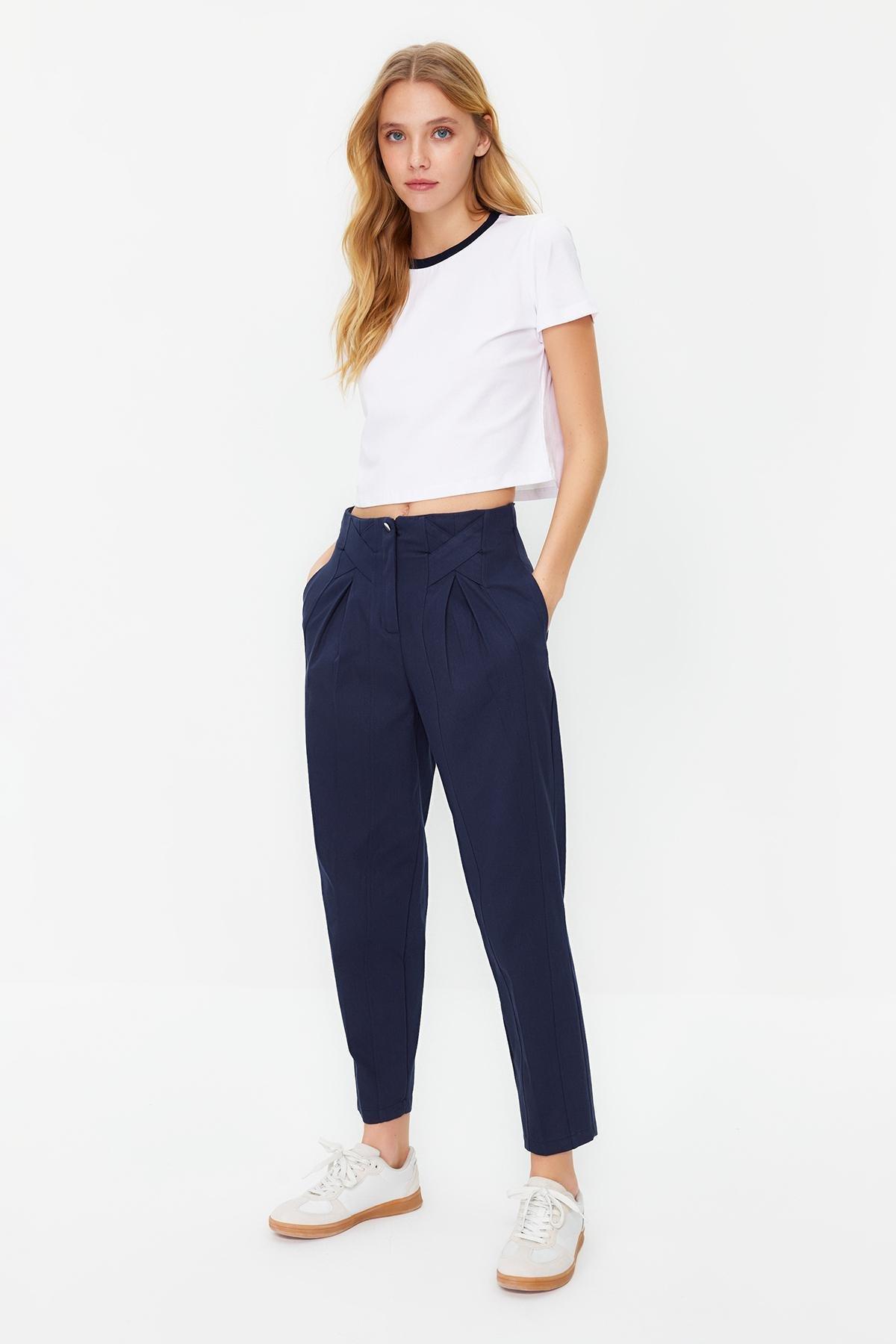 Navy Carrot Woven Trousers, Navy blue, large image number 2