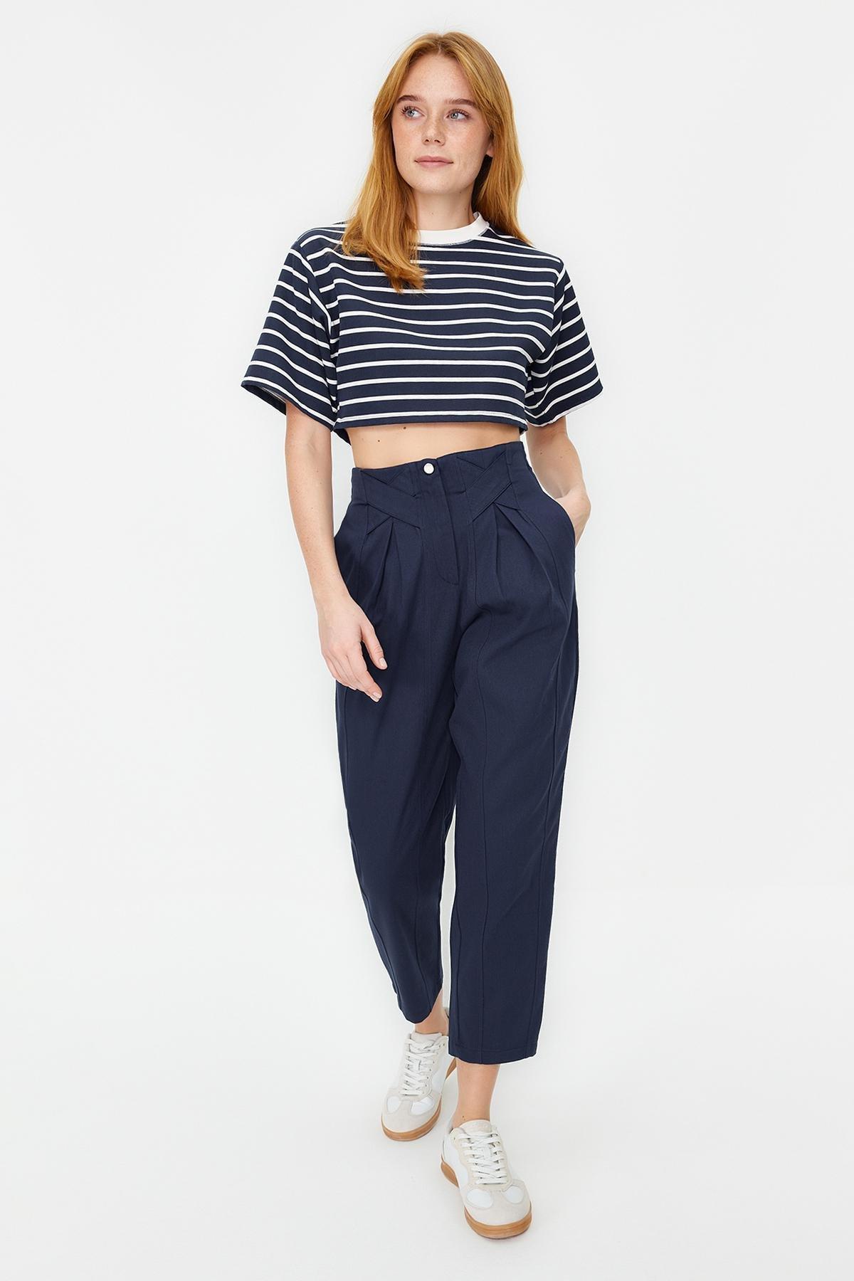 Navy Carrot Woven Trousers, Navy blue, large image number 5