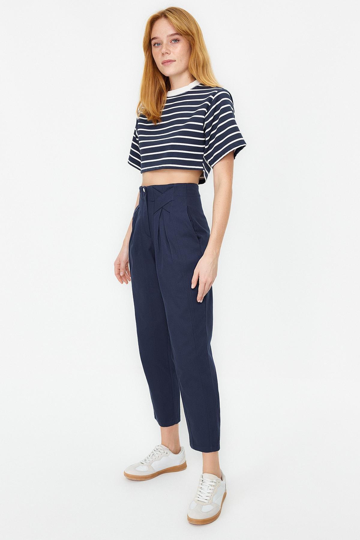 Navy Carrot Woven Trousers, Navy blue, large image number 6