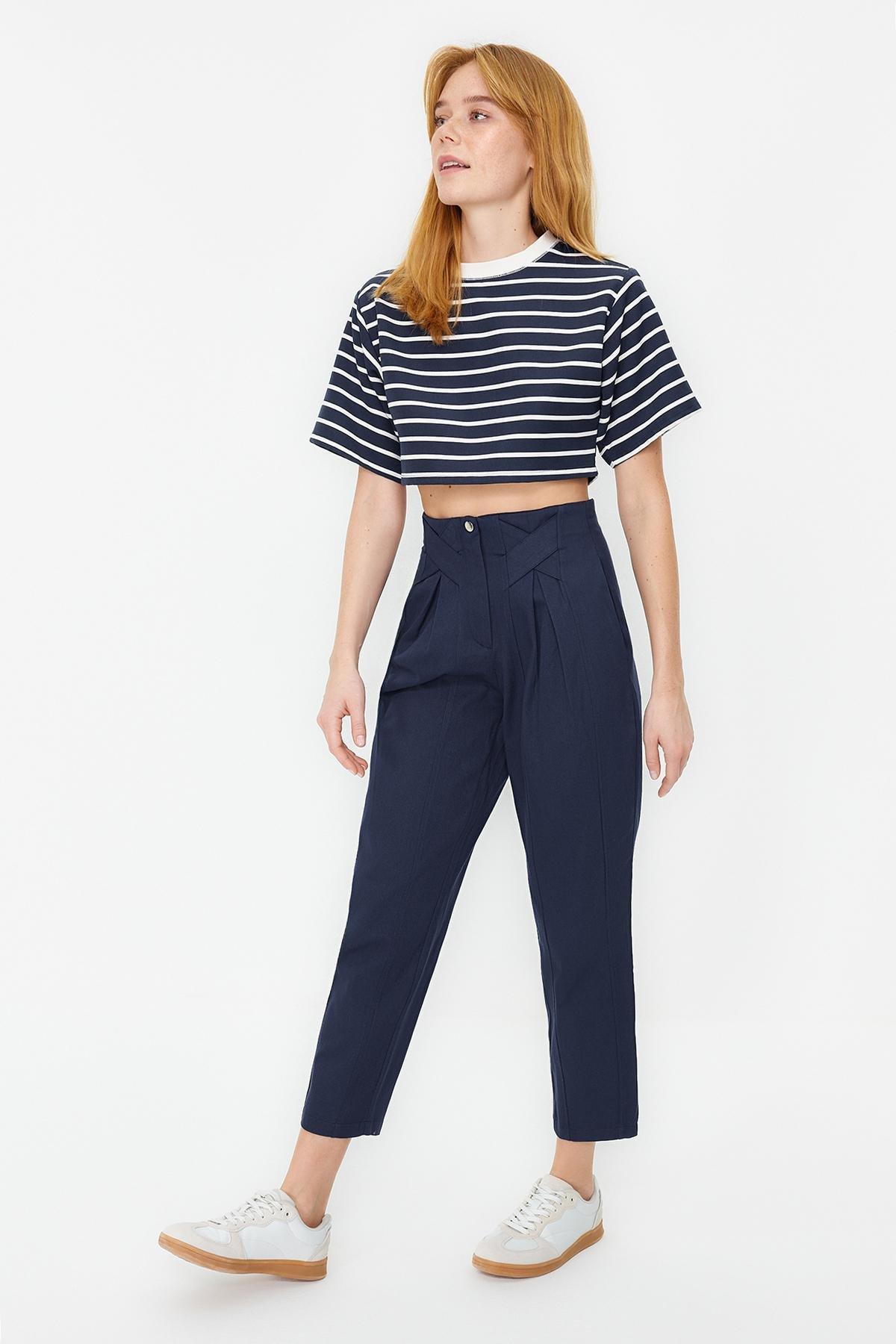 Navy Carrot Woven Trousers, Navy blue, large image number 7