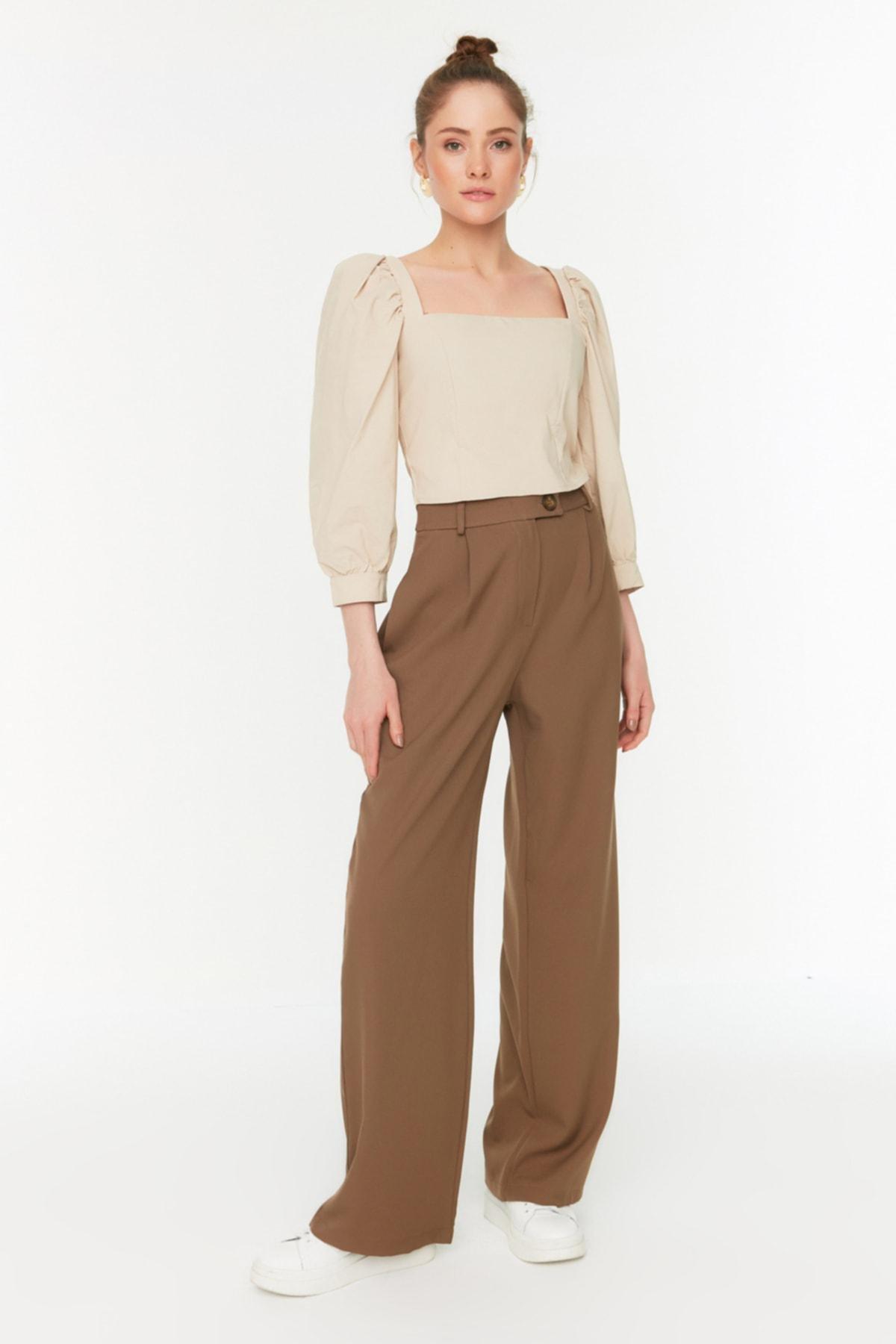 بنطال بقصة ساق عريضة، بني, Khaki, large image number 0