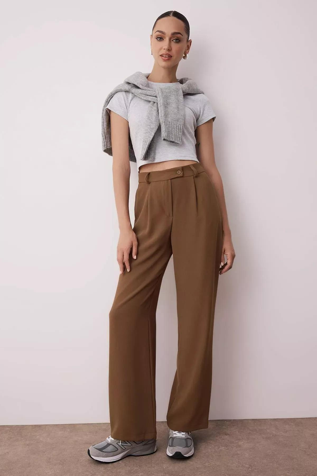 بنطال بقصة ساق عريضة، بني, Khaki, large image number 1