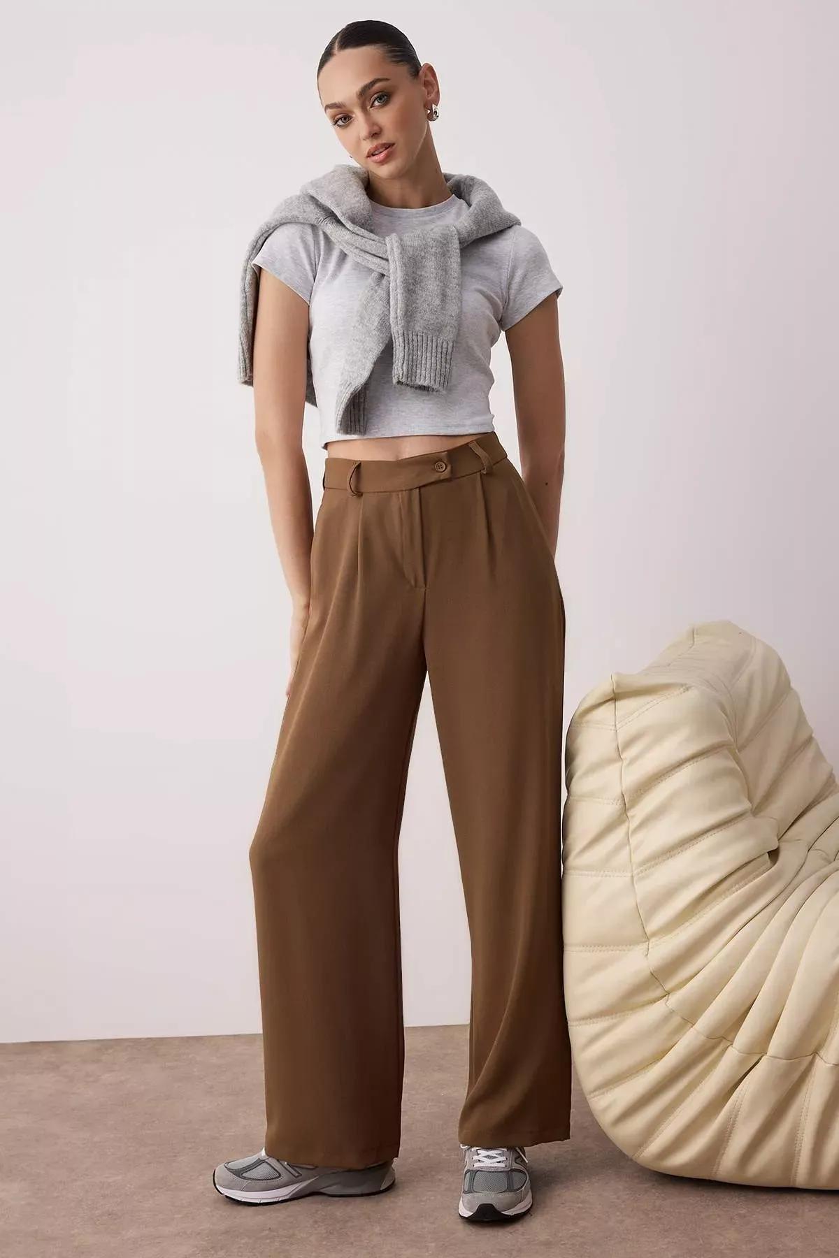 بنطال بقصة ساق عريضة، بني, Khaki, large image number 3