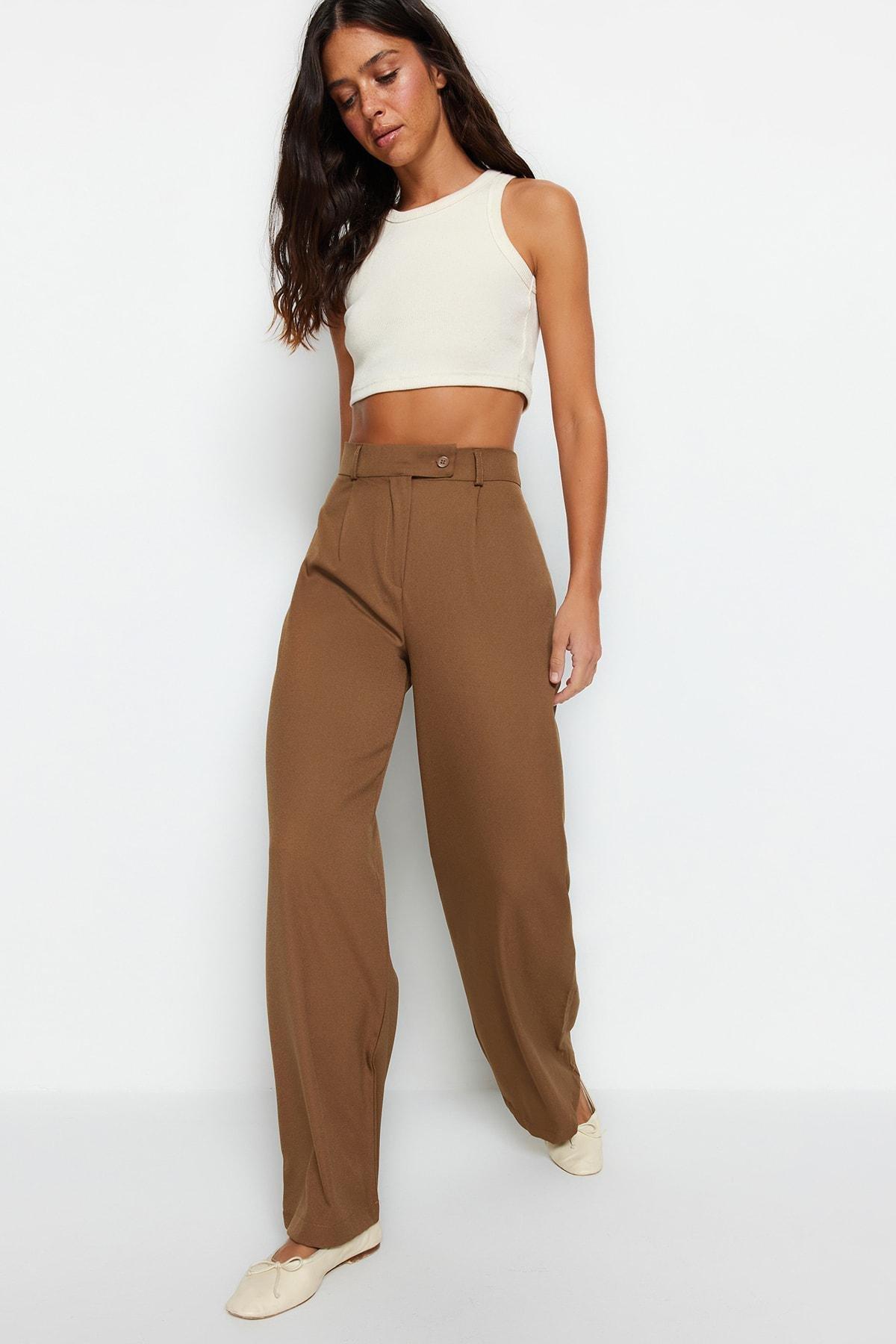 بنطال بقصة ساق عريضة، بني, Khaki, large image number 4