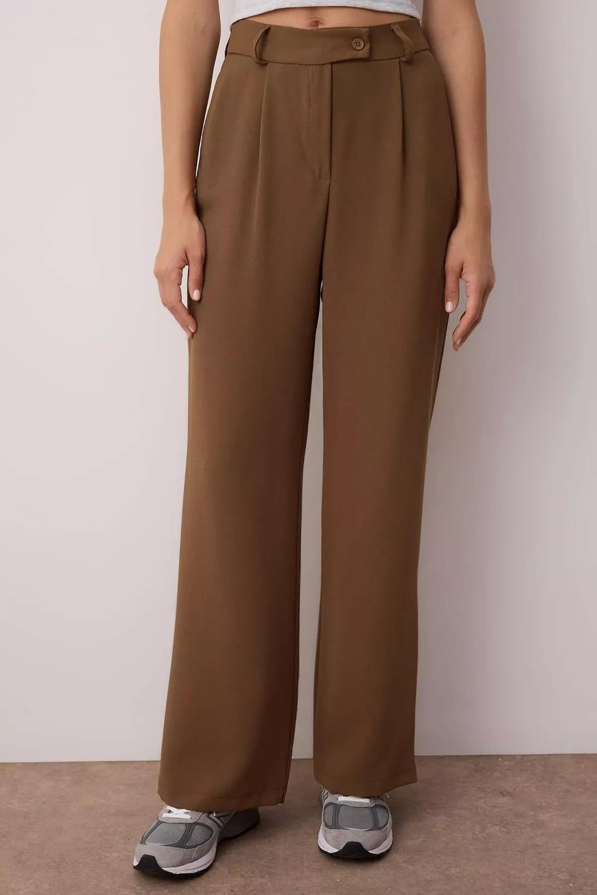 بنطال بقصة ساق عريضة، بني, Khaki, large image number 5