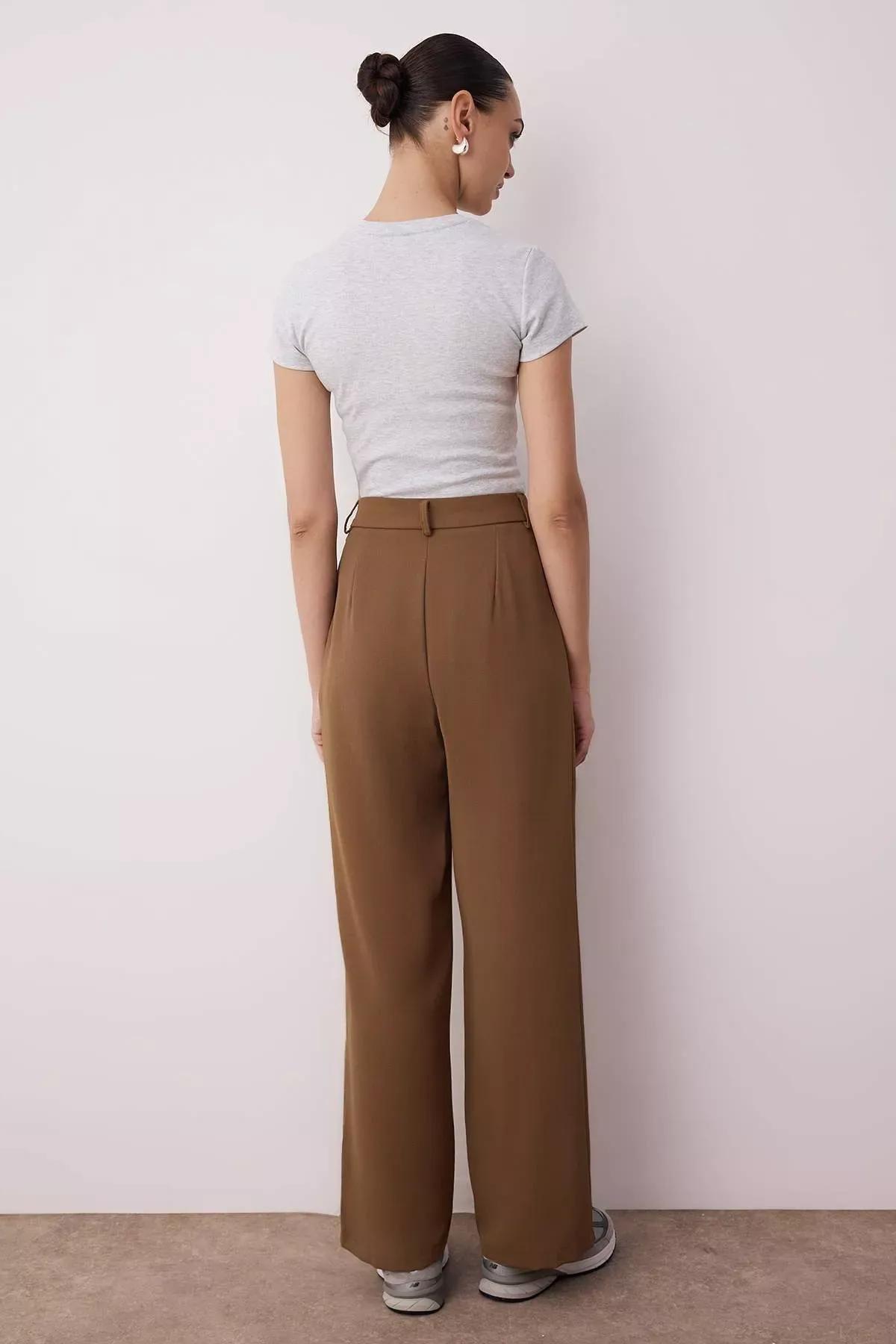 بنطال بقصة ساق عريضة، بني, Khaki, large image number 7