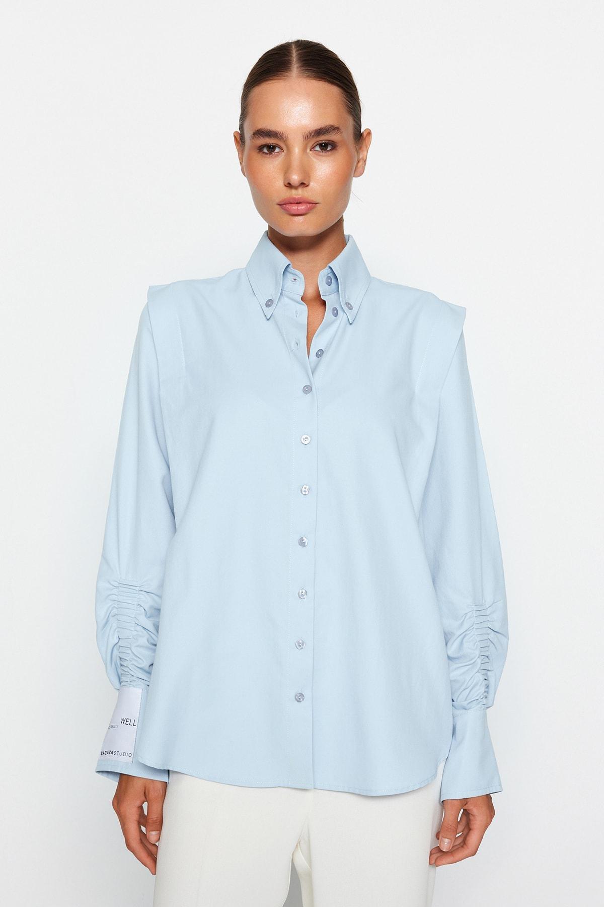 قميص بوبلين بتفاصيل مزمومة، أزرق, LIGHT BLUE, large image number 1