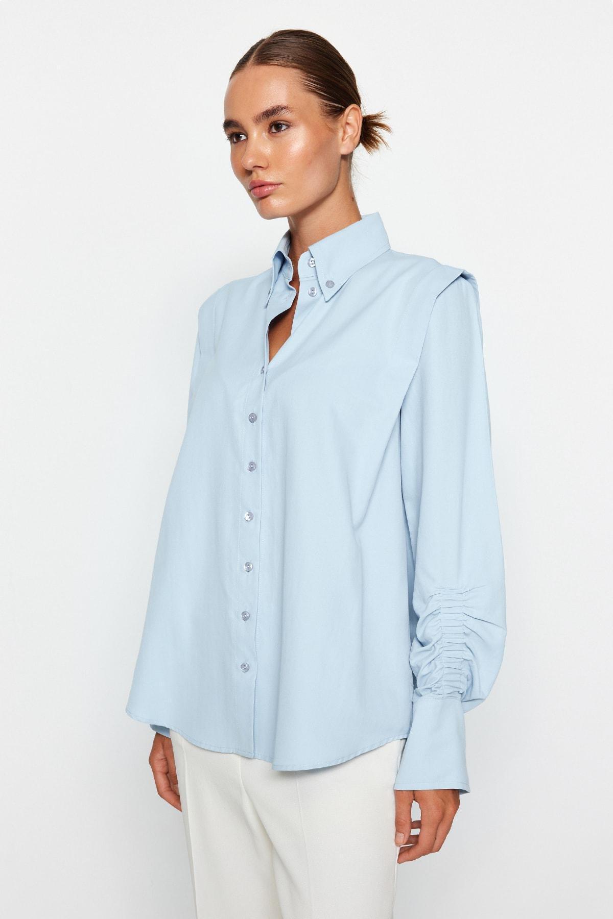 قميص بوبلين بتفاصيل مزمومة، أزرق, LIGHT BLUE, large image number 3