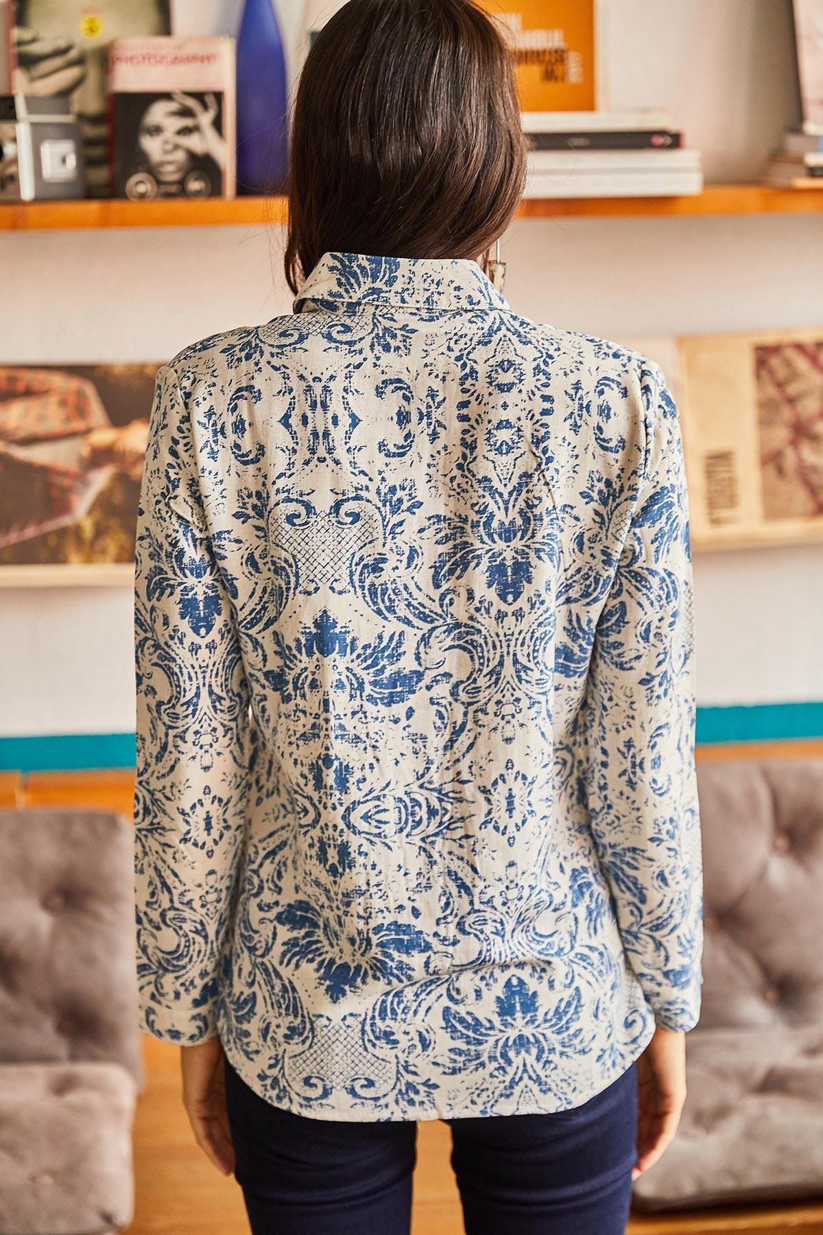 Ecru Patterned Viscose Shirt, Ecru blue, medium