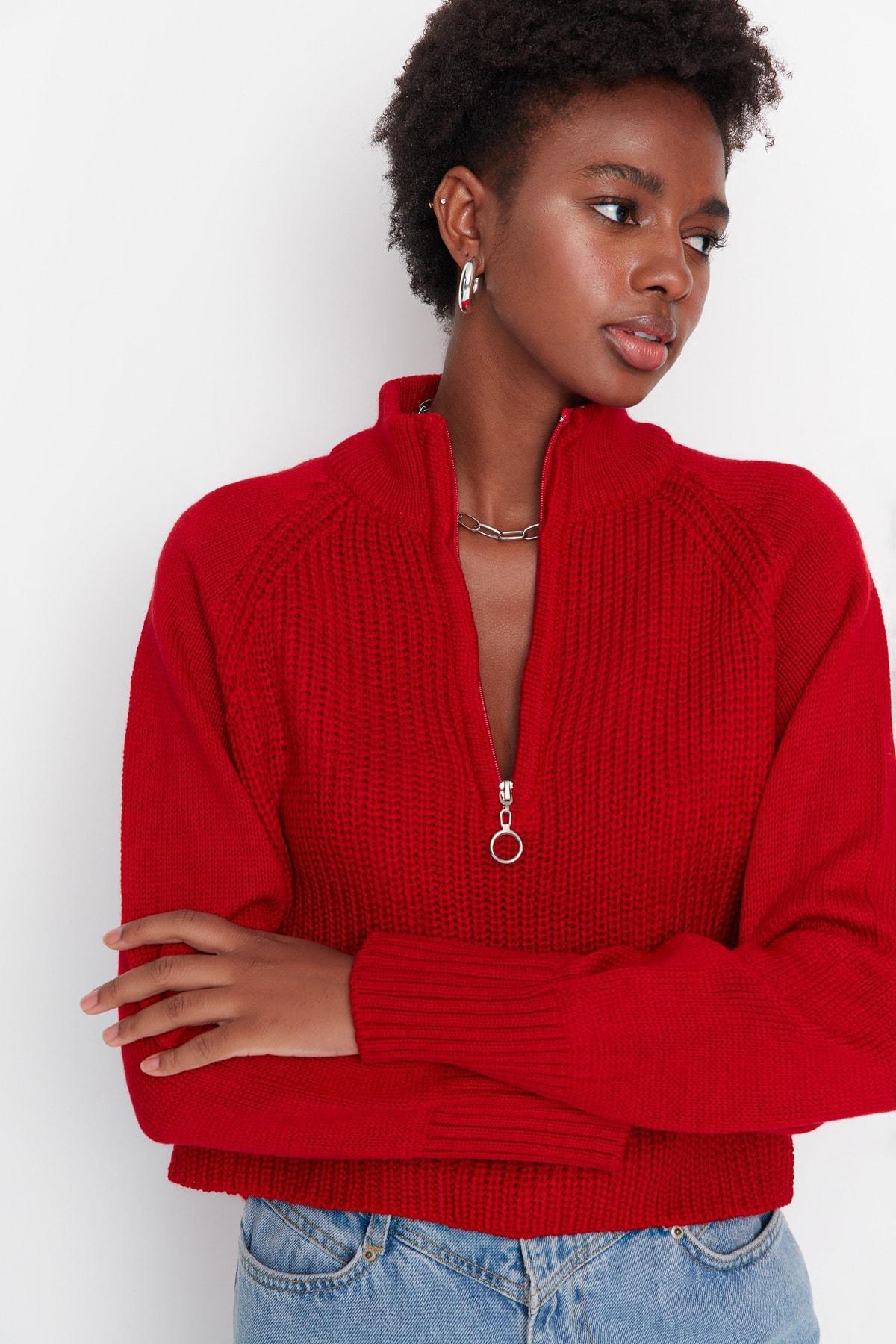 Red Standing Collar Sweater, , large image number 0