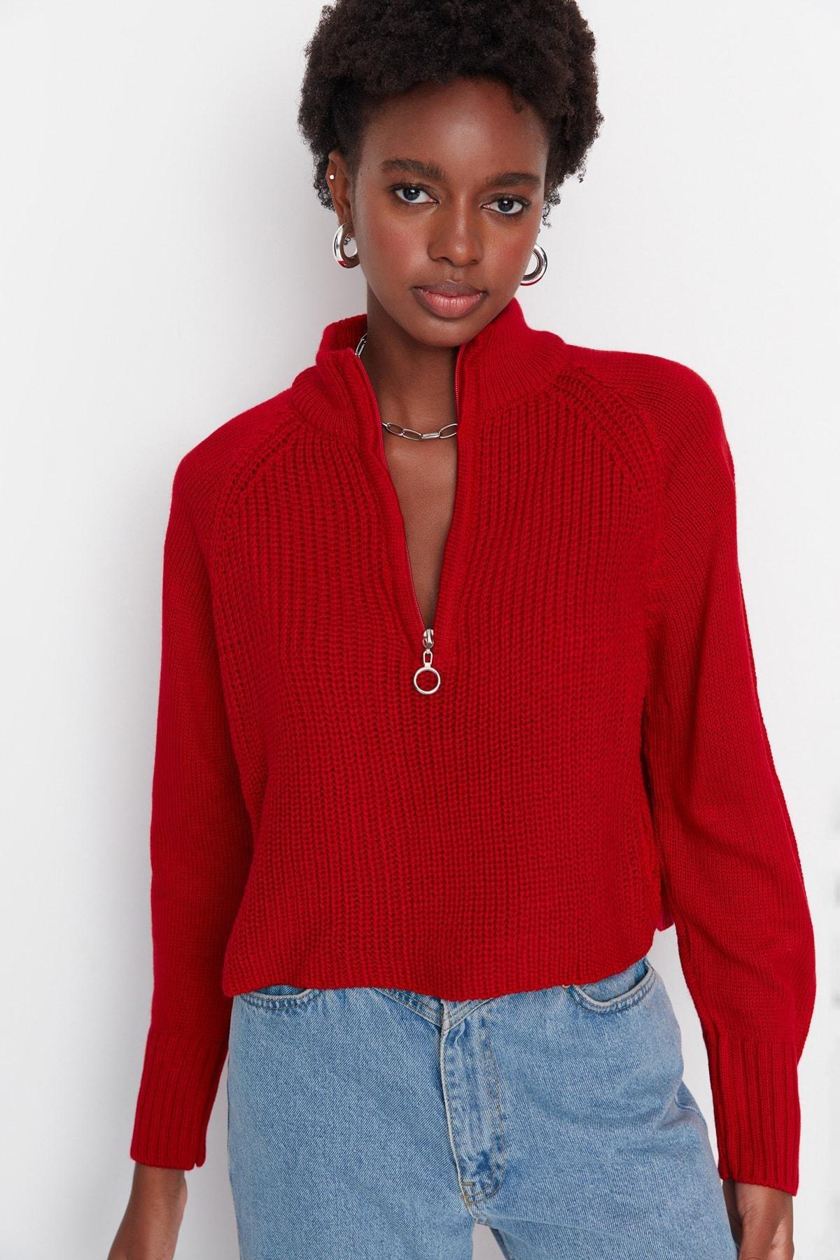 Red Standing Collar Sweater, , large image number 1
