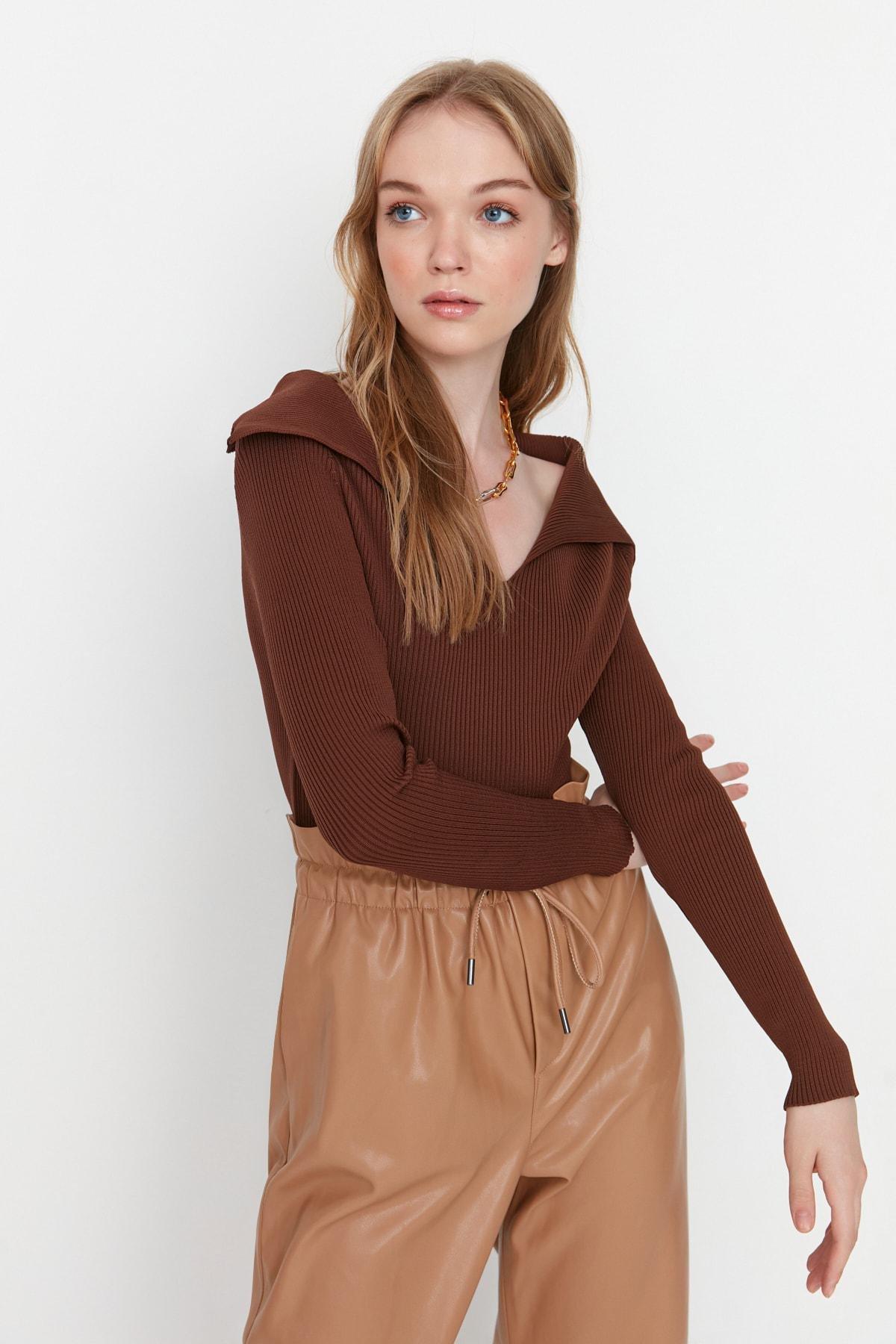 Brown Plain Sweater, , large image number 1