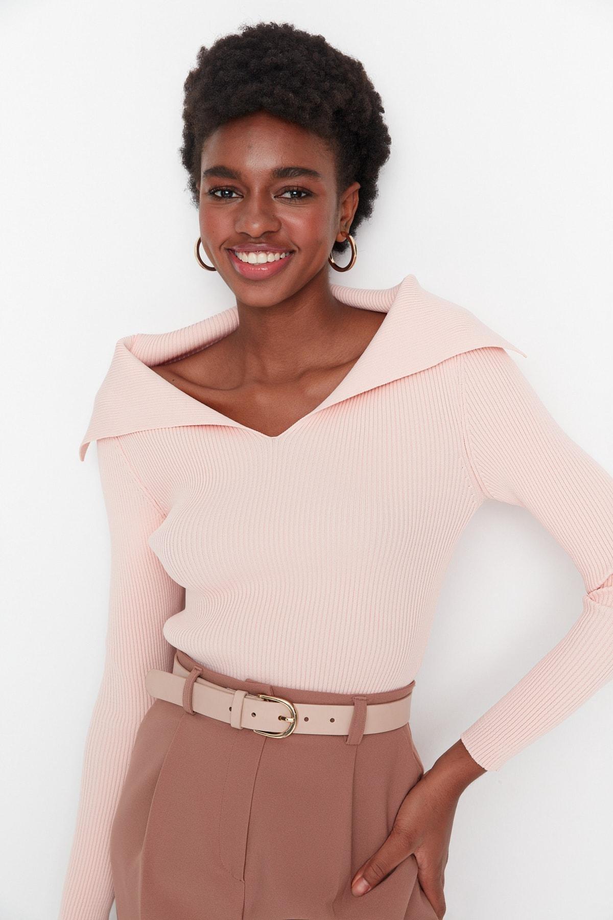 Pink Turndown Collar Sweater, , large image number 0