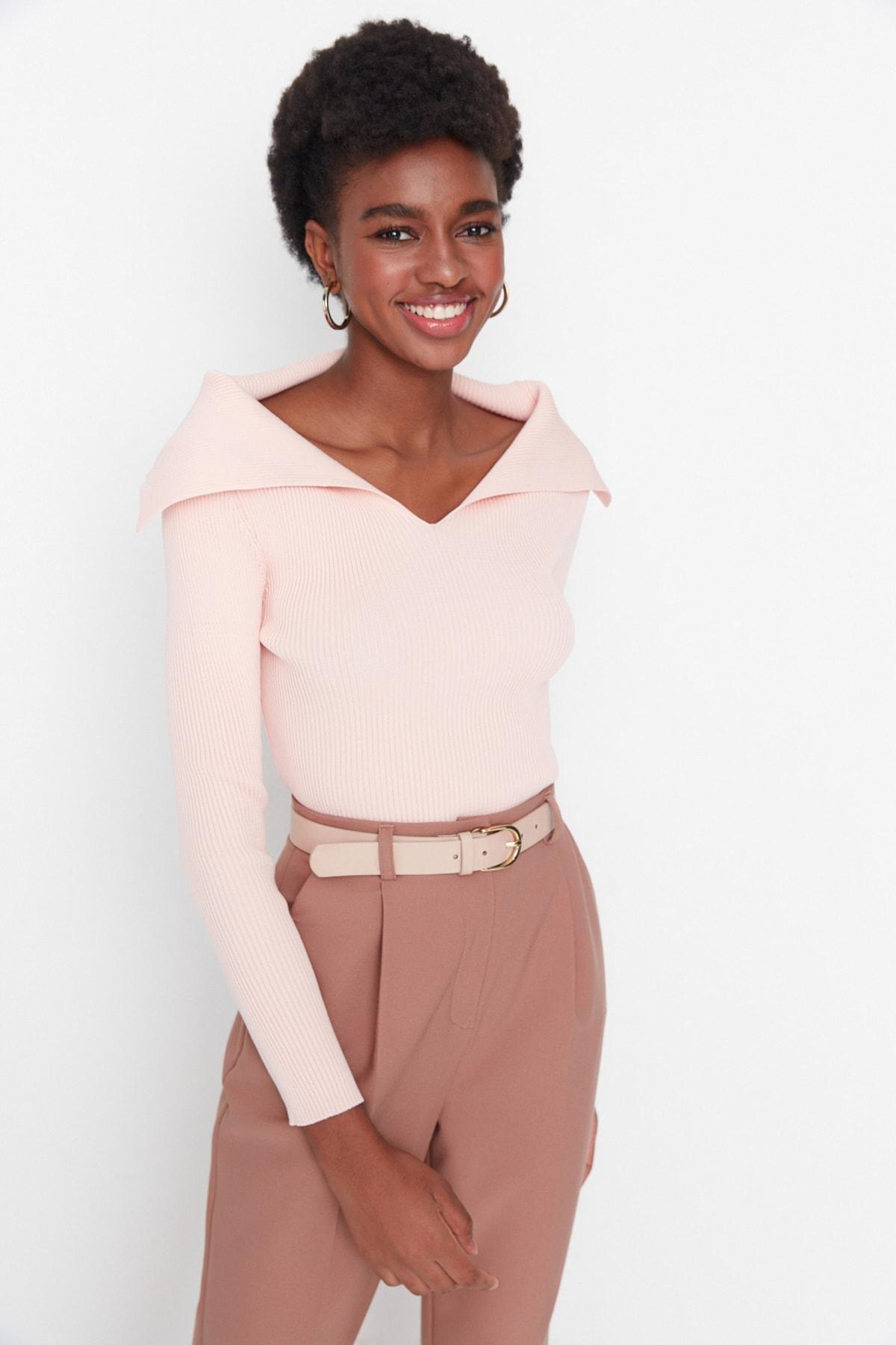 Pink Turndown Collar Sweater, , large image number 1
