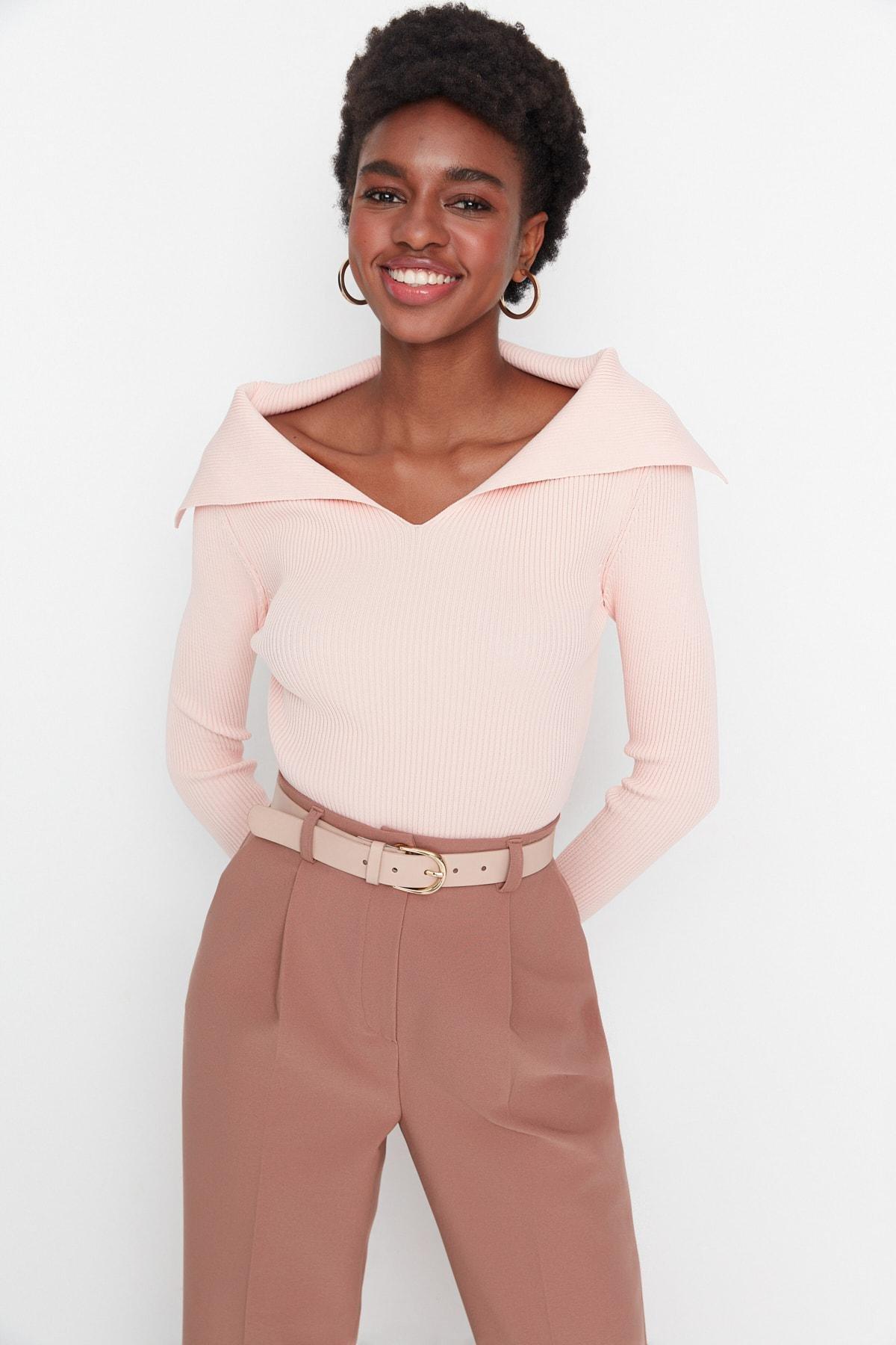 Pink Turndown Collar Sweater, , large image number 2