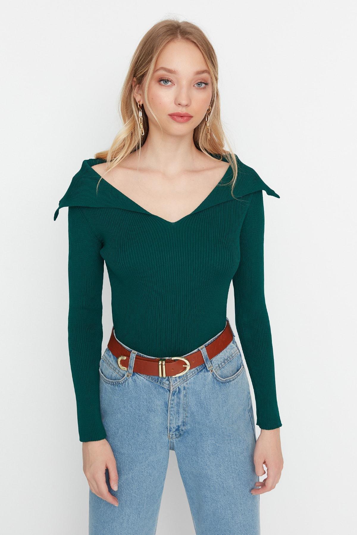 Trendyol - Green Off-Shoulder Sweater