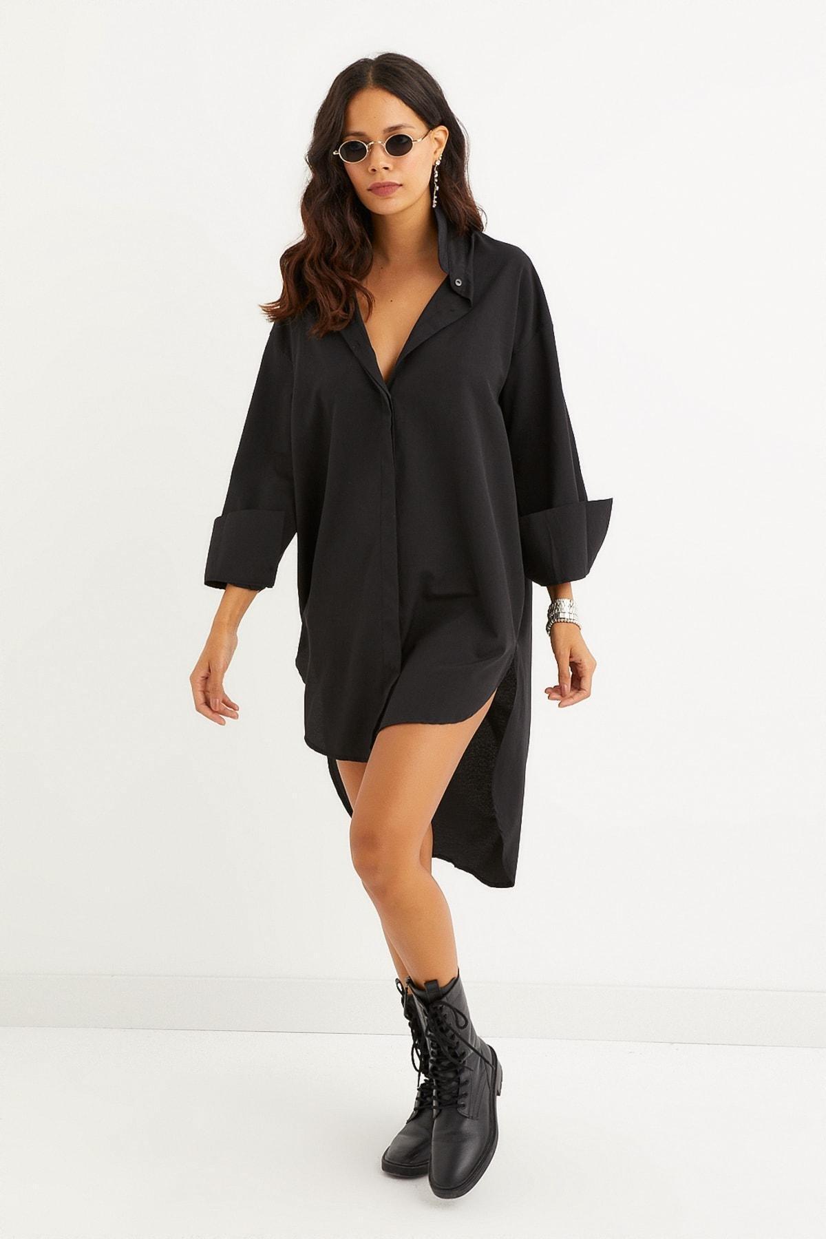 Black Oversize Shirt Dress, , large image number 0