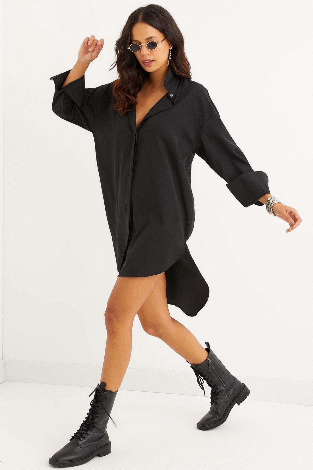 Black Oversize Shirt Dress, , large image number 2