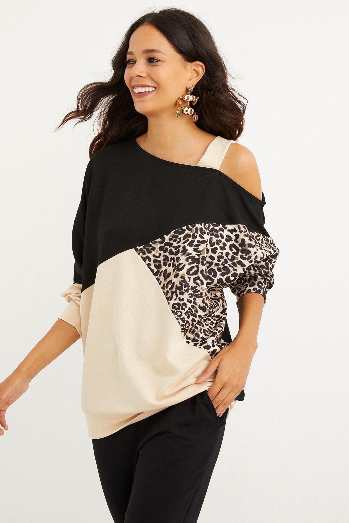 Multicolour Colourblock Off-Shoulder Sweatshirt, Camel-Black, medium