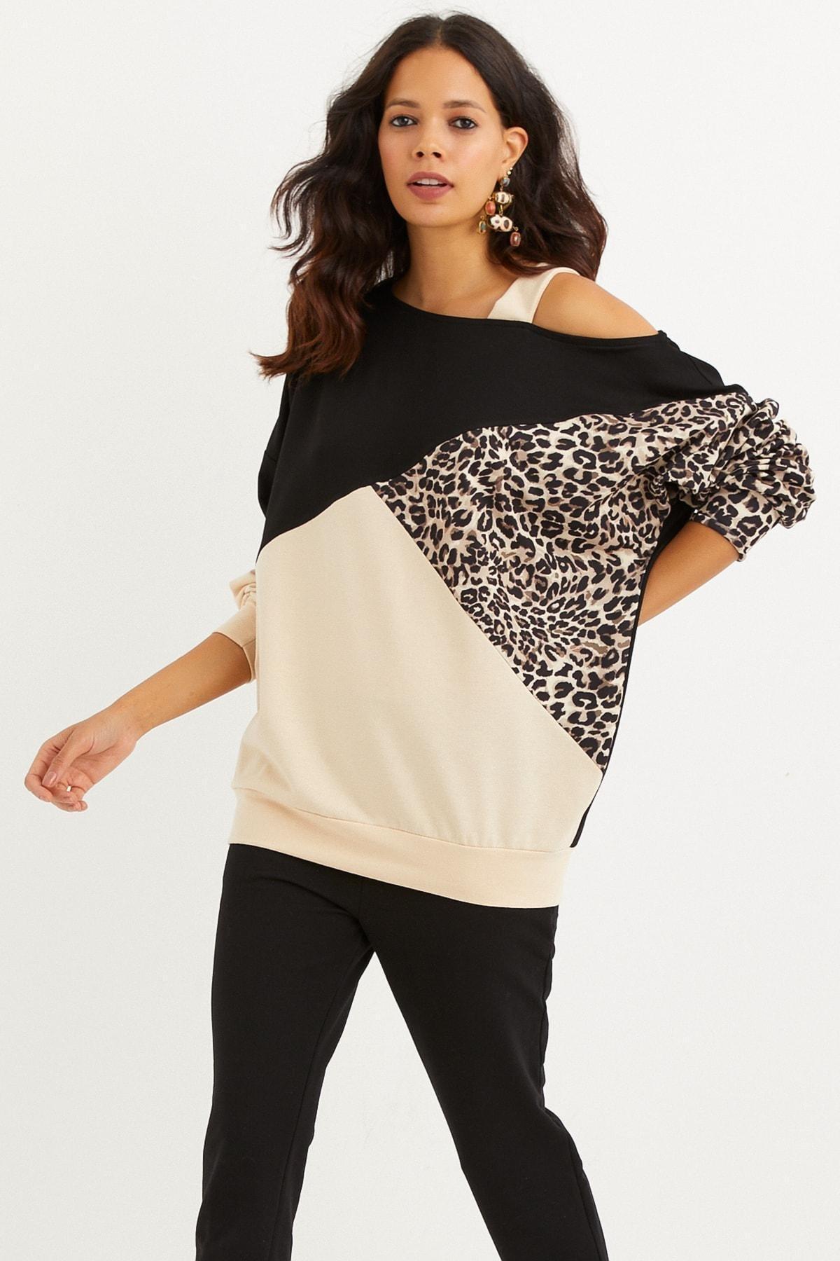 Multicolour Colourblock Off-Shoulder Sweatshirt, Camel-Black, large image number 2