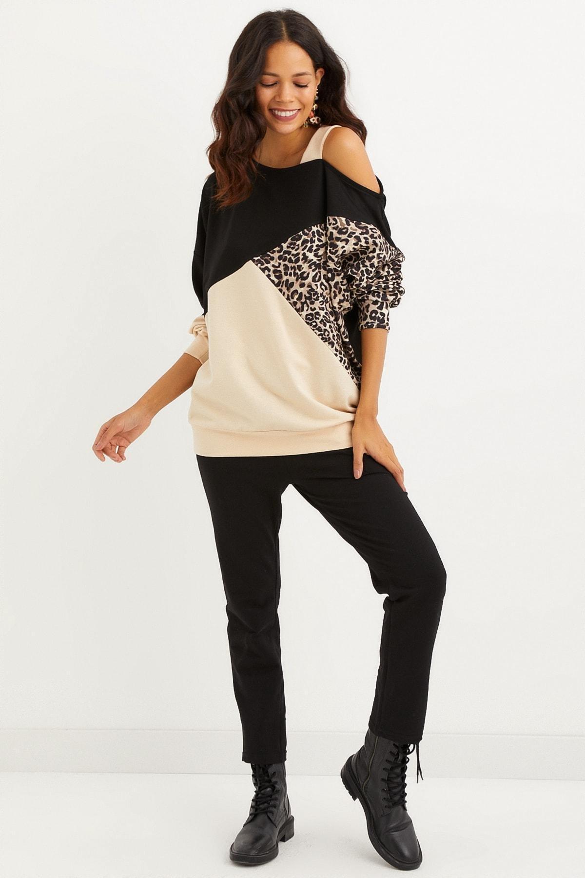 Multicolour Colourblock Off-Shoulder Sweatshirt, Camel-Black, large image number 3
