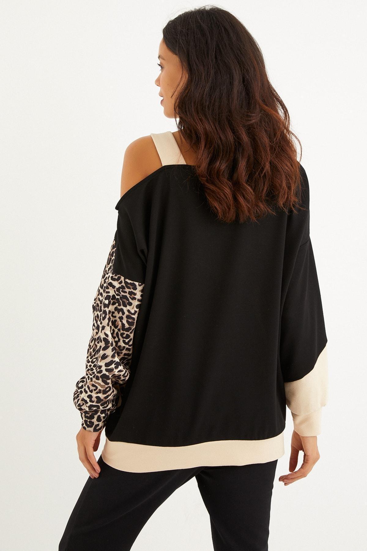 Multicolour Colourblock Off-Shoulder Sweatshirt, Camel-Black, large image number 4