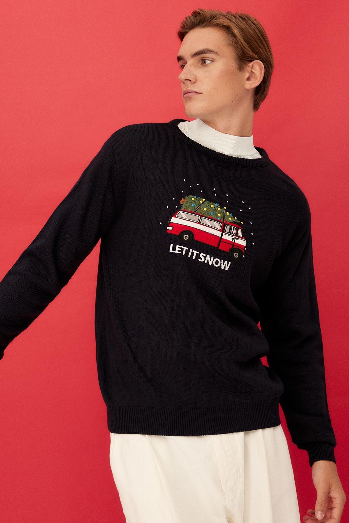Navy Christmas Embroidered Sweater, , large image number 1