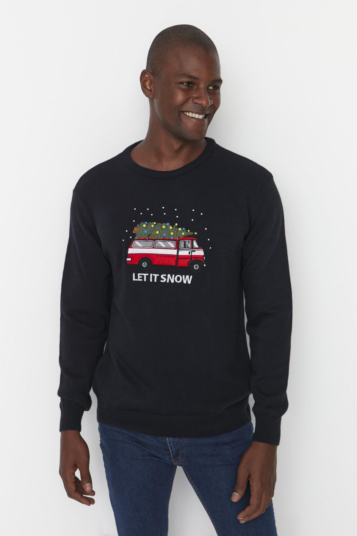 Navy Christmas Embroidered Sweater, , large image number 2