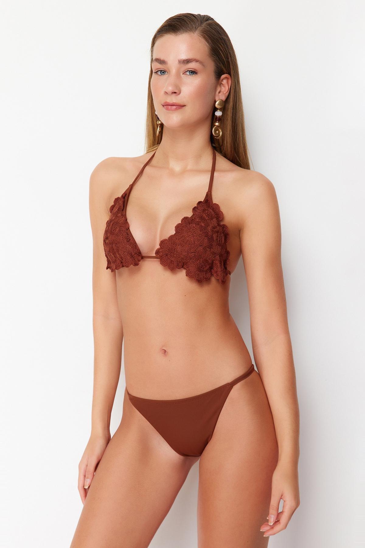Orange Plain Bikini Bottoms, Dark brown, large image number 1