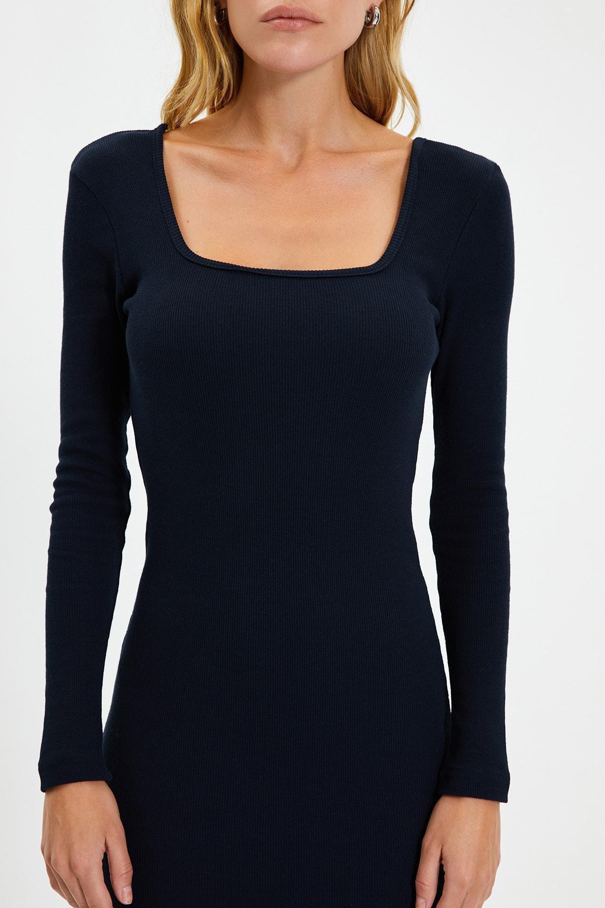 Navy Square Collar Bodycon Dress, , large image number 4
