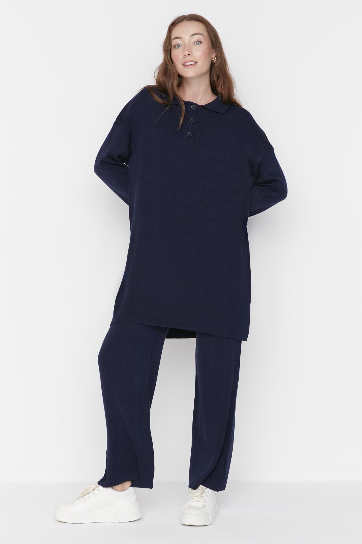 Navy Polo Neck Relaxed Co-Ord Set, Dark blue, large image number 0