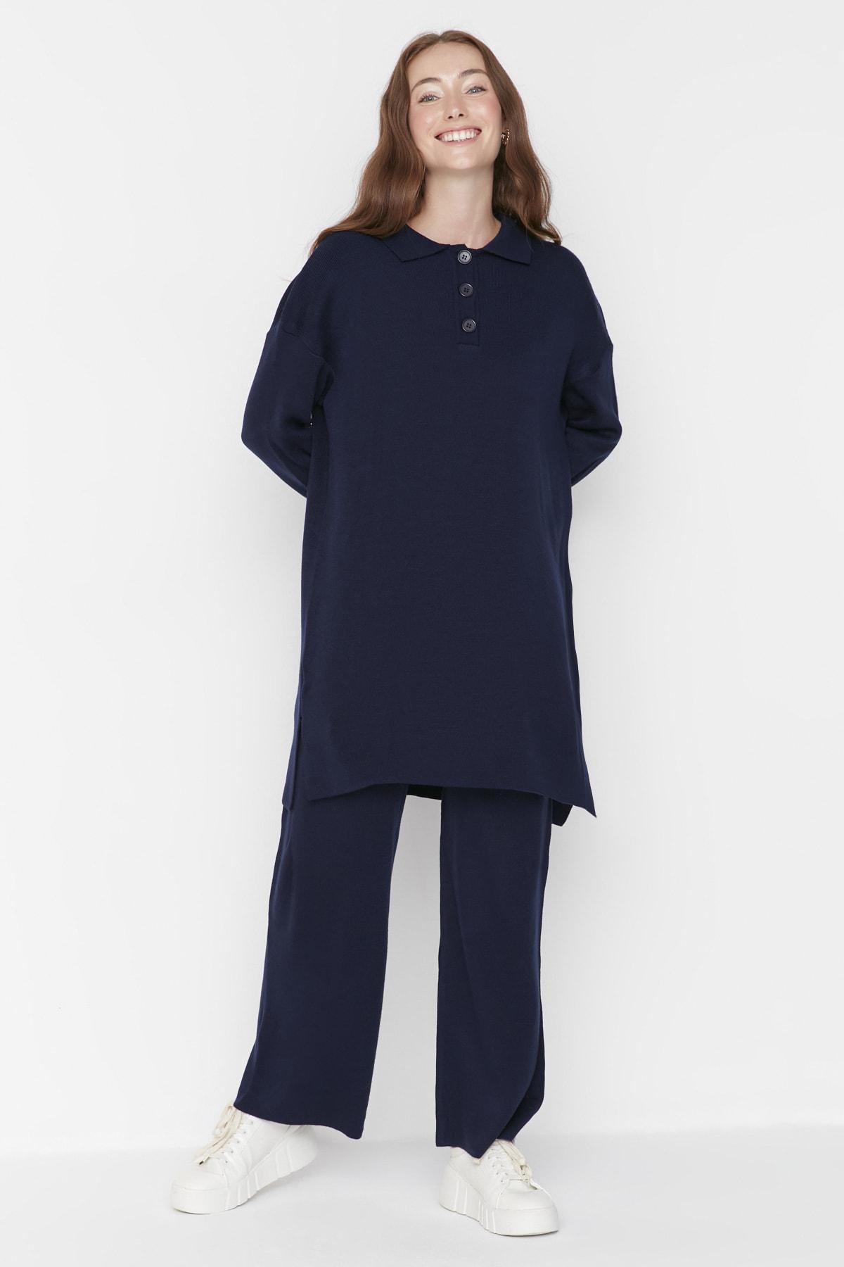 Navy Polo Neck Relaxed Co-Ord Set, Dark blue, large image number 2
