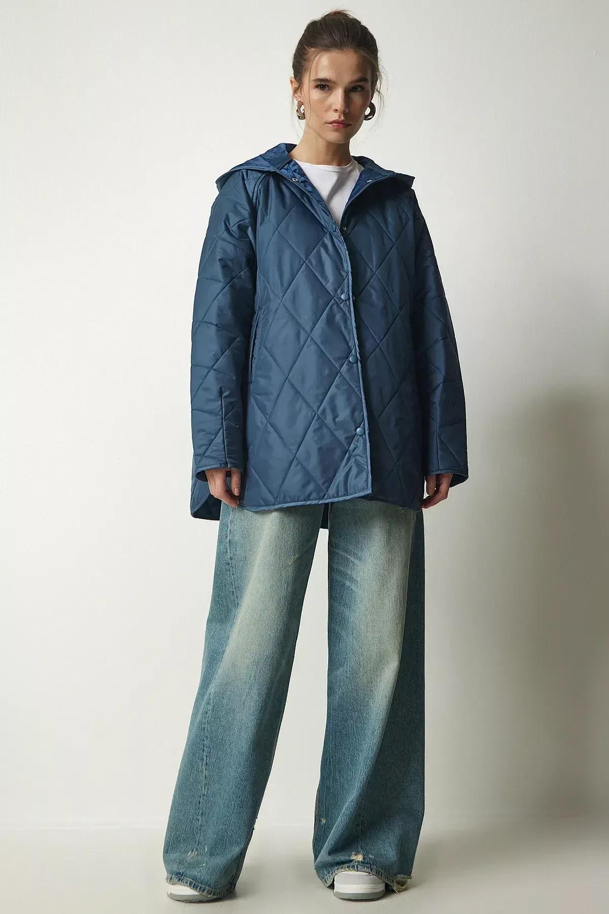 Blue Hooded Quilted Oversize Coat, INDIGO BLUE, large image number 0