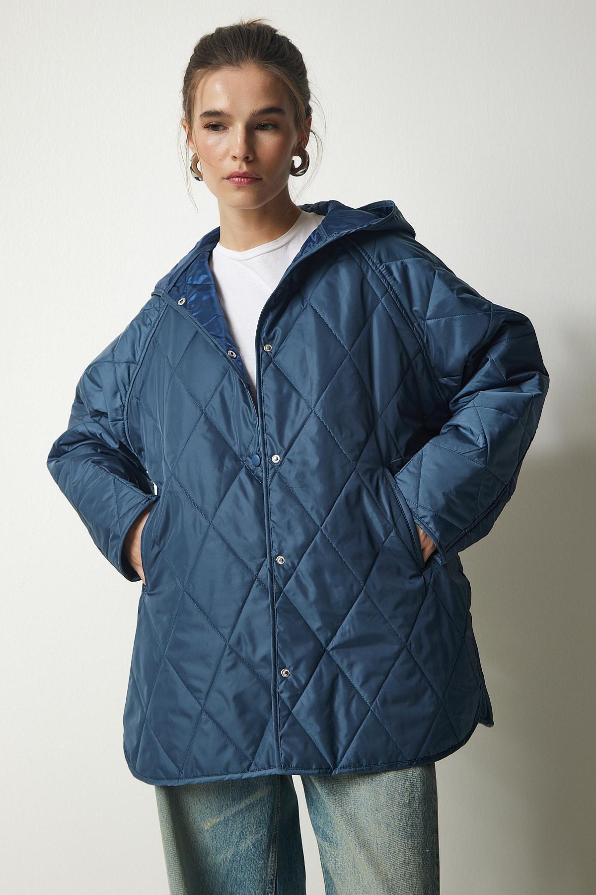 Blue Hooded Quilted Oversize Coat, INDIGO BLUE, large image number 1