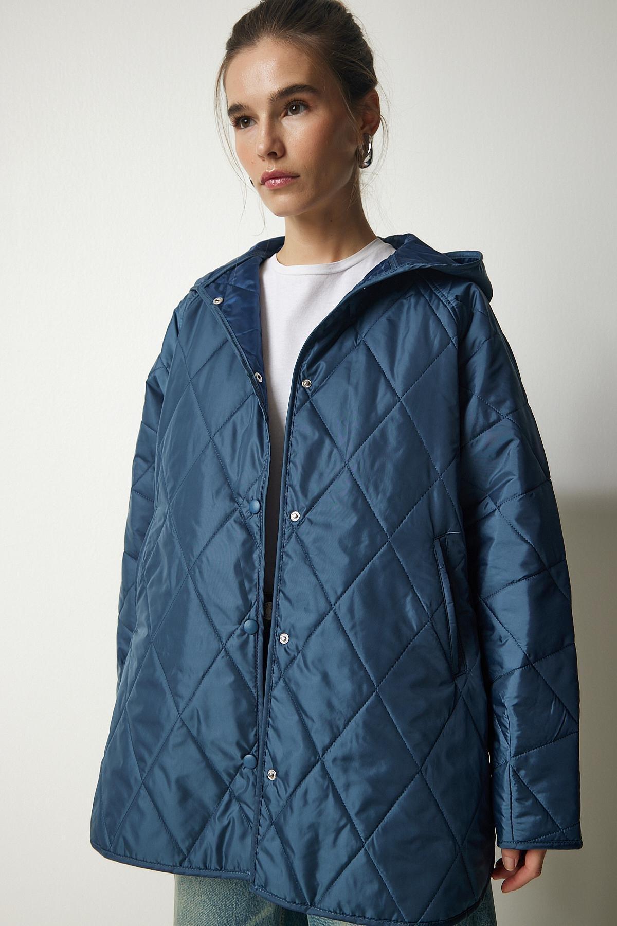 Blue Hooded Quilted Oversize Coat, INDIGO BLUE, large image number 2